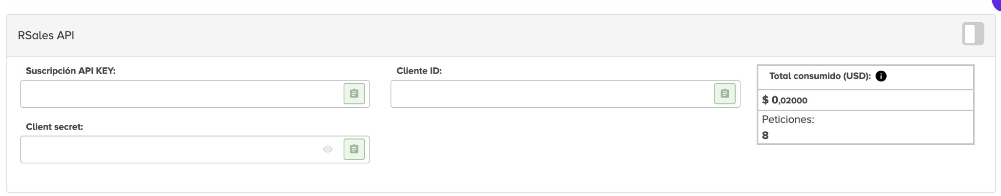 Sección RSales API en Configuración General